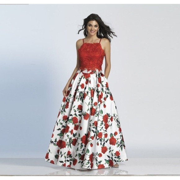 NWT Dave & Johnny 5265 Red White Floral Print Lace Ball Gown 2 Piece Prom Sz 3/4 - Picture 3 of 3